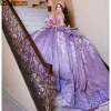 Purple Quinceanera Dresses Off Shoulder Blush Pink Sequined Lace Appliques Crystal Beads Sequins Ball Gown Tulle Guest Dress Evening Prom Gowns Corset Back