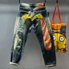 2023 Autumn/Winter New Washed Old Jeans For Men's Trendy Brand M Print Spliced Mandarin Duck Loose Large Straight 246121