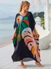 2024 Boho tryckt kaftan Sommarkläder Kvinnor Plus Size Vneck Batwing Sleeve Beachwear Coverups Maxi Dress Robe Sarong Q1476 240417