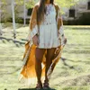 Oversize Muslim 2024 Europe Printed Women's Loose Kaftan Duster Coat Summer Bohemian Sexy Lady Long Kimonos For Holiday