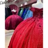 반짝이는 붉은 연인 Quinceanera 드레스 어깨 구슬 외부 플로럴 아플리케 멍청이 드 15 anos ball Gown