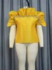 Zarif kadınlar fırfır bluz üstleri lüks nakış dikiş parlak kısa kollu yaz şık parti kıyafetleri artı beden altın sarısı 240419