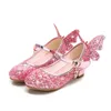 Princess Butterfly Leather Shoes Kids Diamond Bow Knot High Heel Children Girl Glitter Shoes Fashion Girls Party Dance Shoe 240422