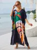 2024 Boho tryckt kaftan Sommarkläder Kvinnor Plus Size Vneck Batwing Sleeve Beachwear Coverups Maxi Dress Robe Sarong Q1476 240417