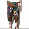 Men's Pants Men Slit Design Casual Ethnic Style Summer With Retro Print Side Pockets Drawstring Waist For Daily
