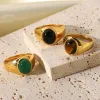 Bands Elegant Vintage Stainless Steel Rings For Women Bohemia Oval Tiger Eye Stone Obsidian Engagement Rings Jewelry