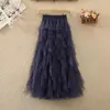 Skirts Qooth Women Polka Dot Tulle Cake Mesh Skirt Elegant Elastic Waist Fairy Long A-line Tutu For All Season QT2215