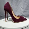 Одевать туфли Tikicup Burgundy Flock Women Женщины из фальшивые замшевые заостренные пальцы на высоком каблуке Классические элегантные дамы скользить на настраиваемых насосах на шпильке