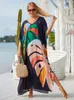 2024 Boho tryckt kaftan Sommarkläder Kvinnor Plus Size Vneck Batwing Sleeve Beachwear Coverups Maxi Dress Robe Sarong Q1476 240417
