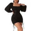 Lässige Kleider sexy funkelnde Nachtclub Bodycon Kleid Herbst quadratische Nackenblase Langarm Slim Mini Frauen Rückenlose Plissee Party