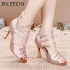 Chaussures de danse Dileechi Latin Lace-Up Femmes Ballroom dansant large / Foot étroit Salsa talon cubain 9cm Skin / Bronze Satin