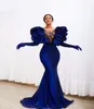 2021 Modest Velvet Royal Blue Mermaid Prom Dresses Plus Size Ruffles Black Crystal Beads Cap Sleeve Elegant Formal Evening Gowns v9563853