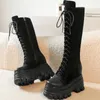 Boots Winter Pumps Shoe Women Lace Up Cow Leather Super High Heels Knee Snow Female Round Toe Fashion Sneakers Casual Shoes