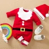 Tek parçalı yürümeye başlayan çocuk kız kızlar atlayıcılar çocuklar bebek yeni yıl kostümü Noel claus kırmızı tulumlar + şapkalar 2pcs yenidoğan için pamuk kıyafetleri 024m