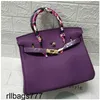 Pattern 2024 Lychee Platinum Handbag Bag Fashionable Purple Top Layer Cowhide Womens Mouth Lock Handmade Genuine Leather