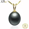 Necklaces XF800 Real 18K Yellow Gold Pendant Necklace 910mm Black Natural Freshwater Pearl Fin Jewelry Wedding Gift For Women Girl D227