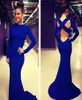 2015 Royal Blue Mermaid aftonklänningar Hög hals Långa ärmar korsar backless spandex formella klänningar långa kvinnor maxi prom party go3529129