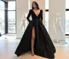 Sexy Vneckline Black Evening Dresses A Line Long Sleeves High Side Split Floor Length Prom Party Gowns Satin Formal Pageant Dress1364100