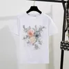 2024 Summer Women 2 Piece Set Brodery 3D Flower T-Shirt + Denim Shorts Set Vintage Beading Shorts