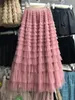 Kjolar tingyili koreansk stil mode ruffle long maxi tyll kjol kvinnor mesh skikte veckad svart blå rosa grön grå röd