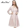 Robes décontractées Moaayina Summer Fashion Runway Pink Vintage Sling Robe Femme Long Sleve Top mince hauteur