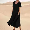 Abiti casual cotone vintage lungo per donne estate solida o collo corta manica boho maxi tasca tasca sciolta