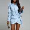 Casual Dresses Women Chic Side Folds Lace-Up Mini Dress Elegant Commute Lapel Fall Spring Fashion Long Sleeve Solid Color Shirt