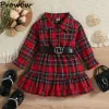 Shirts Prowow 15y Toddler Girl Christmas Dress Fashion Belted Vneck Red Plaid Dress Winter New Year Clothes Kids Dresses for Girls