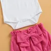 Conjuntos 02y meninas de meninas 3pcs roupas rosa conjunto letra impressão de manga curta rosa rosa calça de papel rosa com arco + fita para a cabeça