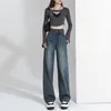 Loose Wide Leg Denimhose für Frauen im Frühjahr 2023 Neue Hiege mit hohem Taillen, gerade Bein -Ins -drapierte Bodenhose für Frauen