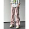 Men's Pants American High Street Pink Cargo Parachute Men Summer Lod Silk luźne luźne harajuku par para kombinezonowa