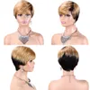 Ombre Highlight Short Bob Pixie Cut Wigs For Black Women Straight Honey Blonde Brazilian Remy Hair Machine Made Wig With Bangs