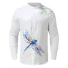 T-shirts 2023 Bird Printed Long Sleeve Shirt Casual Stand Collar Cardigan Button Shirt For Men Vintage Hawaiian Leisure S3xl