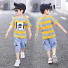 水着の男の子夏の服2022キッズ服ストライプ綿Tシャツ+ジーンズパンボーイセット幼児服34 5 6 7 8 10 12年