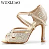 Zapatos de baile Wuxijiao Holesale Golden Latin Style Sandalias de diamantes de diseño de salsa de diseño