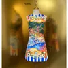 Kadın elbise kolsuz toplanmış bel sicilya deniz manzarası basılı mini elbise