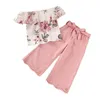 Ensembles de vêtements Souet Girls's Set Casual Style Polyester One épaule Top à volants imprimé et pantalon de couleur unie