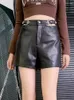 Women's Shorts Women Hollow Out Out High Taille Casual Punk Style Sheepskin Echt lederen Streetwear Black Wide Leg Vrouw