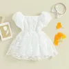 One-Pieces Newborn Baby Girls Rompers Dress Flower Embroidered Puff Sleeve Layered Tulle Skirt Hem Toddler Bodysuits with Headband