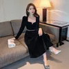 Casual Dresses S-4XL Vintage Autumn Winter Velvet Midi Dress 2024 Elegant Women Split Square Collar Black High Waist Ball Gown Long Vestido