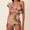 Drukowane damskie wzniesienia kostiumu kąpielowego jedno ramię w bikini piersi Dwuczęściowy wysoki talia brzucha Tuck Beachwear 2024 240411