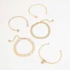 Beaded Trendy Geometric Link Chain Bracelet Set For Women Rhinestones Gold Color Leaves Heart Pendant Open Cuff Bangle Girls Jewelry 240423