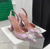 Talón de amina Muaddi con satén para mujer Bowtie Slingbacks puntiagudos apunta a las sandalias de cristal-sunflower Fiesta de lujo Tacón alto para damas y niñas