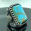 Band Rings Charm Square Geometry Blue Stone Grave Silver Colors Leaf for Men Party Jewelry Gift H240424