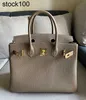 Platinum Handbag Heya بالكامل يدويًا يدويًا 30 سم طبقة رأس Litchi Togo Calfskin Elephant Gray Bage للنساء المصنوعة يدويًا من الجلد الأصلي