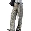 Jeans femininos Prinha de leopardo retro perna larga para homens homens de rua de rua com calças de jeans com bolsos de lúpulo fechamento de zíper solto