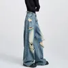 Kvinnors jeans 2024 Summer Harajuku High midja Vintage Y2K Loose Pants Wide Leg Baggy Subtimat Ripped Blue Denim Trouser