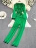 여자 2 피스 바지 가을 니트 2 세트 세트 여성 줄무늬 인쇄 한국 여성 가디건 하이 허리 패션 캐주얼 넓은 다리 여성 2024