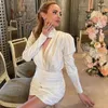 Party Dresses 18072#Elegant White V-Neck Wrap Buttocks Short Dress Exquisite Neckline Rose Long Sleeved Open-Back Mini Evening