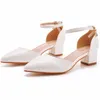 Sandals 4cm Medium Low Thick Heel Pointed Hollow Spring Square Shallow Mouth White Buckle High Heels